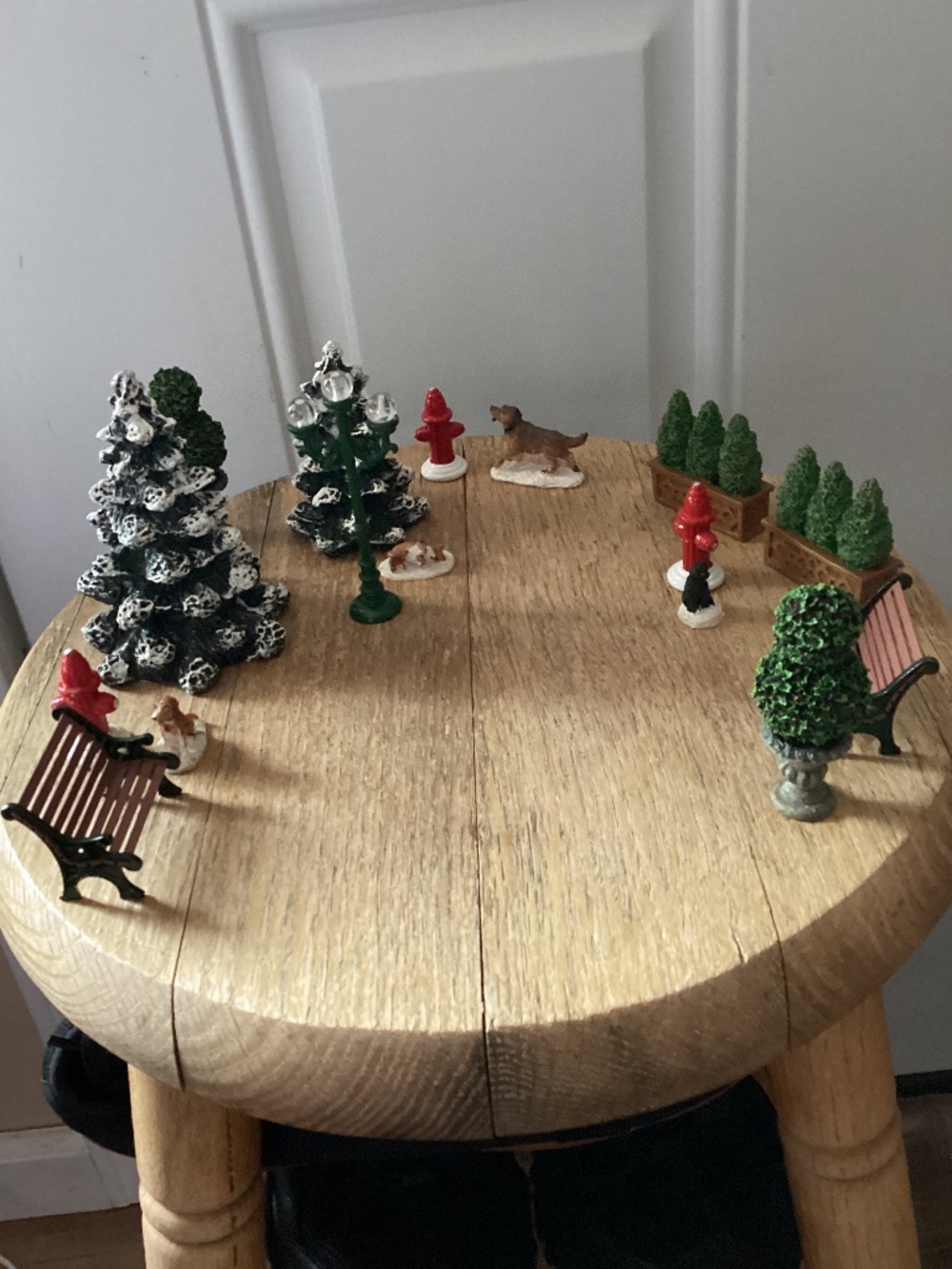 Miniature Christmas decorations Trees Dogs Fire Hydrants Benches Light post Bush